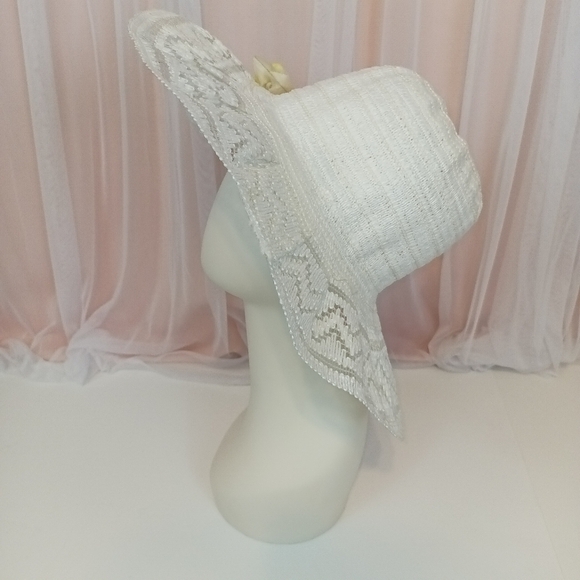 Vintage 80s Womens White and Yellow Wide Brim Sun Hat Summer Travel - Picture 4 of 8